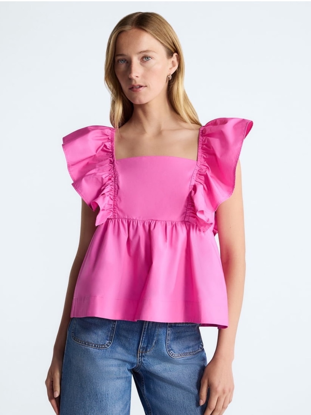 Free Assembly| Pink Ruffle Sleeve Square Neck Top